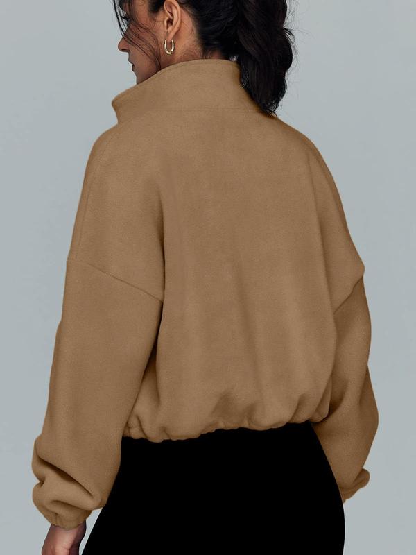 Women's Solid Zip Up Drop Shoulder Polar Fleece Jacket, Casual Long Sleeve Stand Collar Outerwear for Fall & Winter, Ladies Clothes for Daily Wear